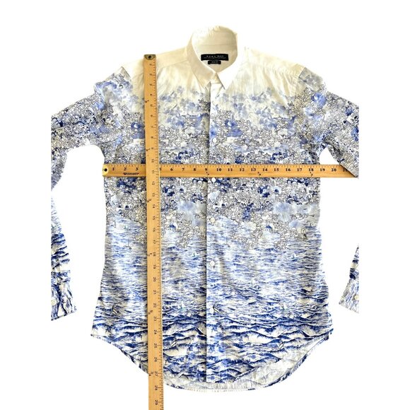 ZARA  Man ~  Slim Fit Blue & White Landscape Print Long Sleeve Shirt - Picture 5 of 10